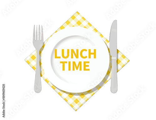 Lunch Time Yellow Plate with Cutlery Flat Illustration