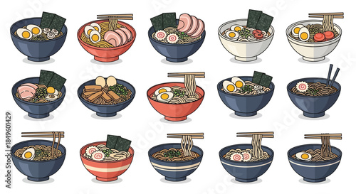A delightful collection of various ramen bowls, showcasing different broths, toppings, and noodle styles, perfect for a culinary theme.
