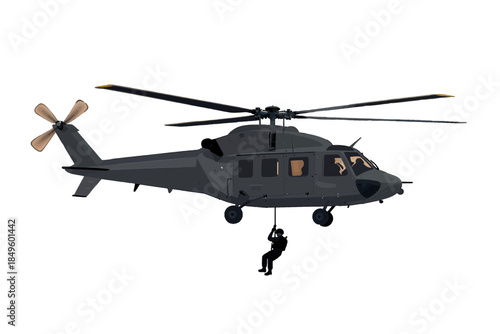 Military Helicopter in Flight with Rotors Spinning Illustration