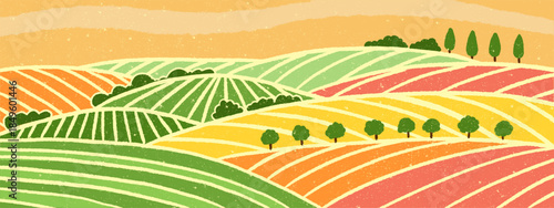Abstract vineyard hills pattern. Colorful striped farm fields with trees and bushes. Abstract illustration with vintage texture