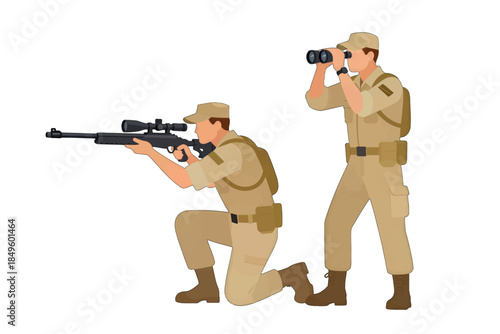 Military Soldiers in Uniform With Rifle and Binoculars