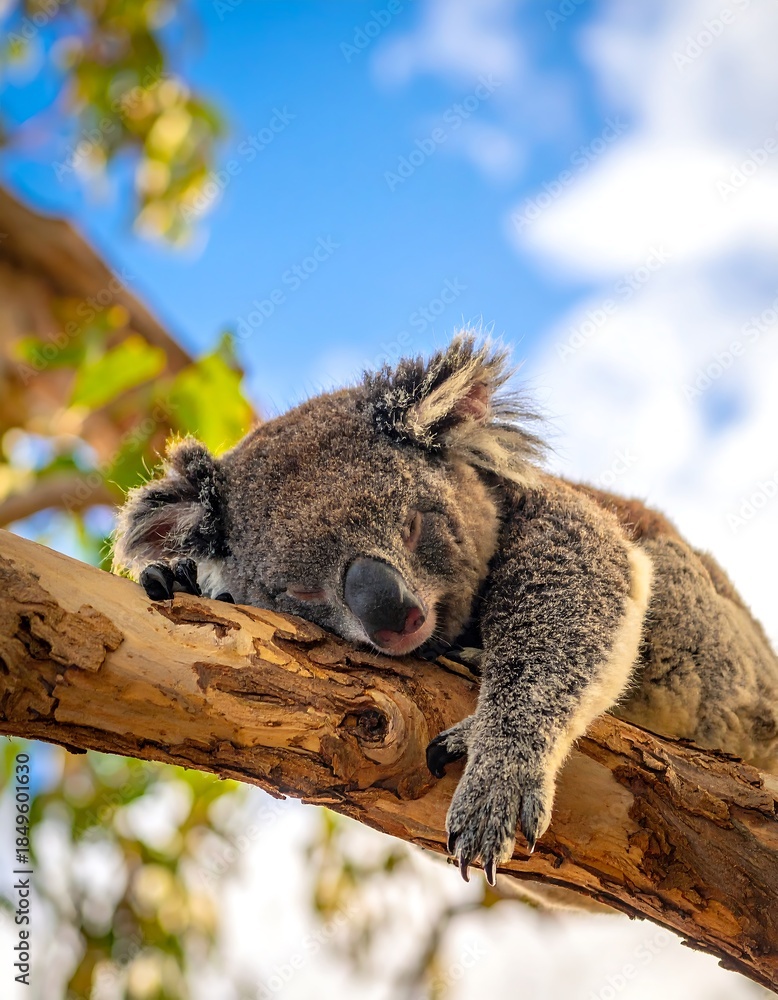 Obraz premium Sleepy koala resting in eucalyptus tree