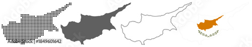 Cyprus Map Set with Dot, Silhouette, Outline and Flag Vector