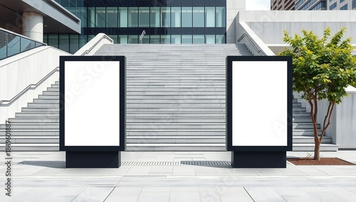 Two blank digital advertising billboards in a modern urban environment