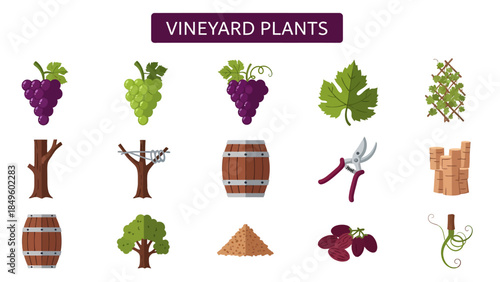 A collection of fifteen icons related to vineyards and winemaking arranged in a threebyfive grid