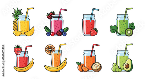 Collection of eight vibrant fruit and vegetable smoothies in mason jars.
