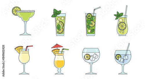Collection of refreshing summer cocktails and drinks.