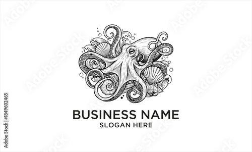 Intricate Octopus and Seashells Engraving Style Illustration.