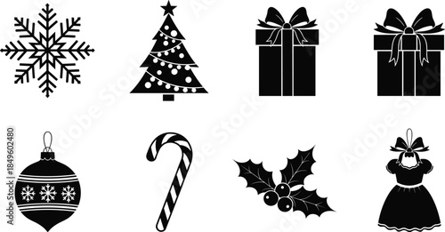 Christmas holiday silhouettes, snowflake, decorated tree, wrapped gifts, ornament ball, candy cane, holly sprig, angel ornament, festive vector icons set