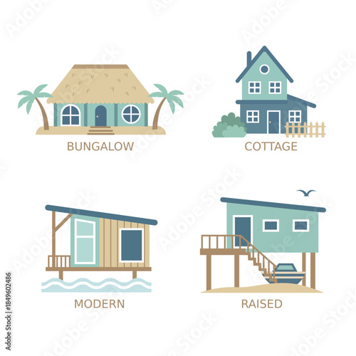 Variety of cozy house styles including bungalow, cottage, modern, raised homes