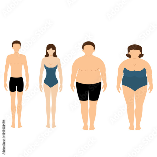 Diverse body types of men and women in swimwear standing against black background