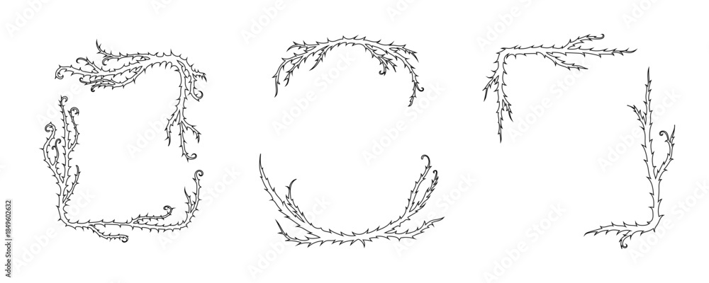 Obraz premium Thorn vine frames and borders vector set. Black twisted thorn branches, barbed stems, creepy patterns. Isolated design elements for tattoos, gothic art, religious symbols.