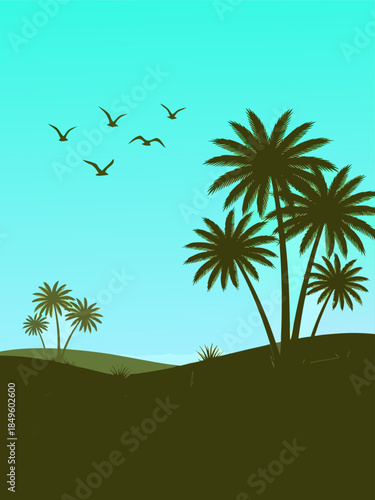 Vector illustration Serene tropical landscape featuring silhouetted palm trees, rolling hills, and birds flying under a vibrant gradient sky