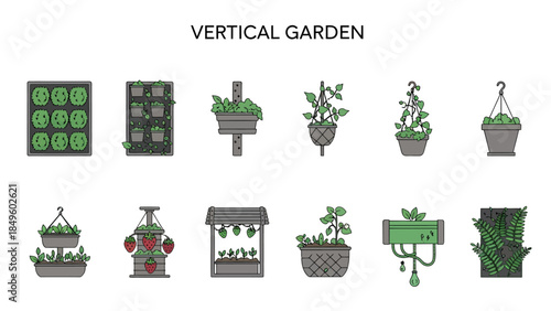 Icons depicting various styles of vertical garden installations and planters