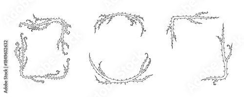 Thorn vine frames and borders vector set. Black twisted thorn branches, barbed stems, creepy patterns. Isolated design elements for tattoos, gothic art, religious symbols.