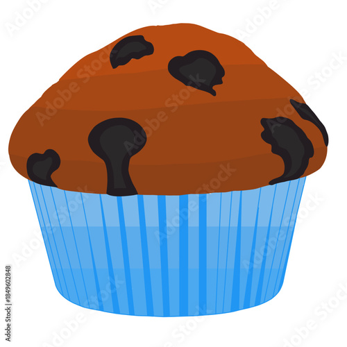 Chocolate chip muffin illustration with blue cupcake liner isolated on white background