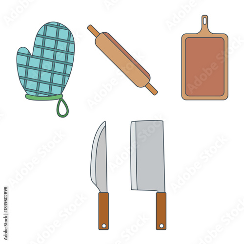 Kitchen utensils for baking and cooking on black background