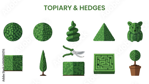 Illustration of various topiary shapes hedges and pruning shears