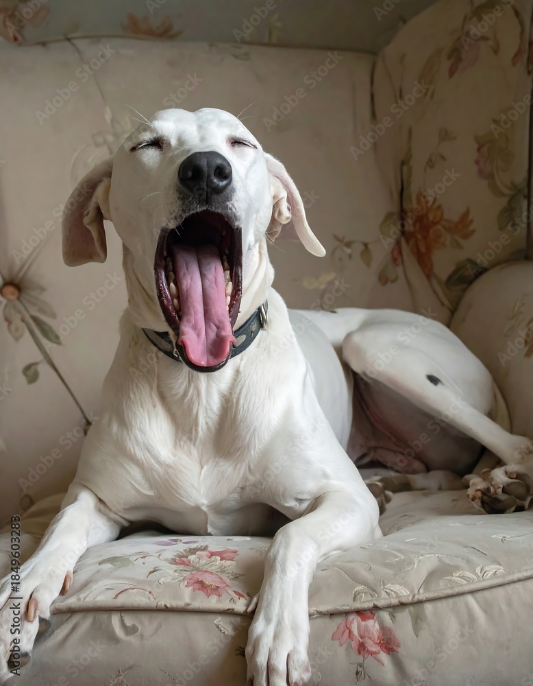 Obraz premium Sleepy white dog lounging on a floral armchair