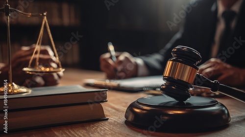 Business and lawyers discussing contract papers with brass scale on desk in office. Law, legal services, advice, justice and law concept picture with film grain effect