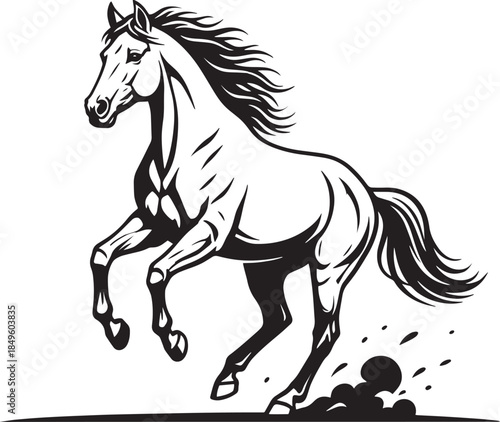 Black and white illustration of a galloping horse isolated on transparent background