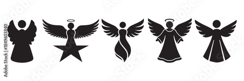 Set of black angel silhouettes on white background isolated