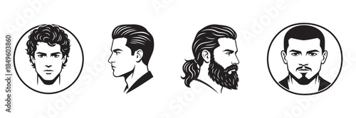 Illustration of four men with different hairstyles and beards isolated on white background