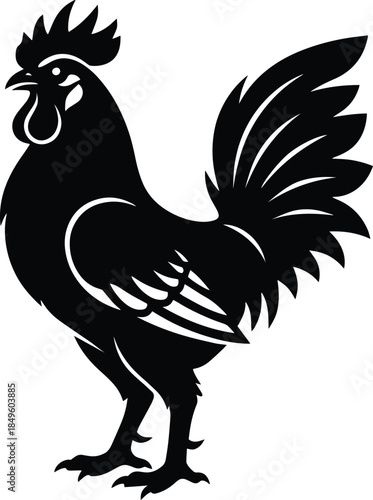 Black rooster silhouette standing proudly isolated on transparent background