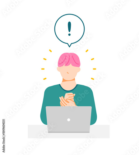 若い一般の男性がPCを前に解決策を思いつくイラスト。フラットデザイン。