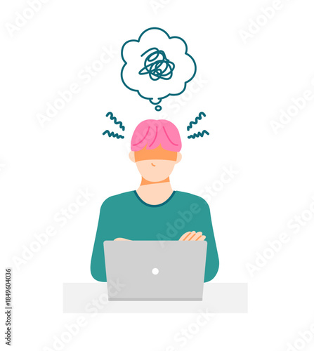 若い一般の男性がPCを前にイライラしているイラスト。フラットデザイン。