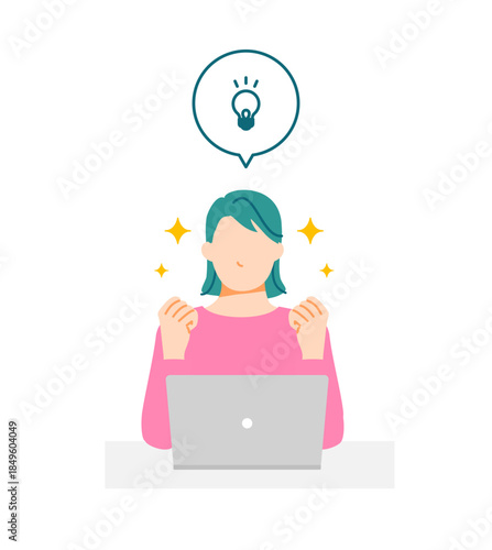 若い一般の女性がPCを前に解決策を思いつくイラスト。フラットデザイン。