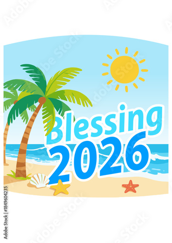 New year motivation, 2026 motivation, Vibrant beach landscape with palm trees, sunset sky, and seashells, suitable for travel, vacation, or holiday promotions.