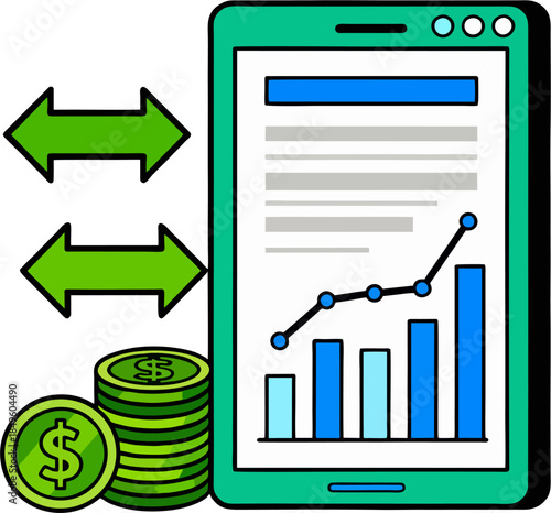 Mobile Cash Flow Report Illustration with Arrows and Dollar Coins for Online Finance Analytics