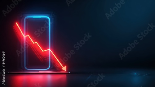 An abstract depiction of a smartphone overlaid with a red neon declining graph illustrates the concept of technology decline. ..Created with Generative AI, not depicting real subjects.