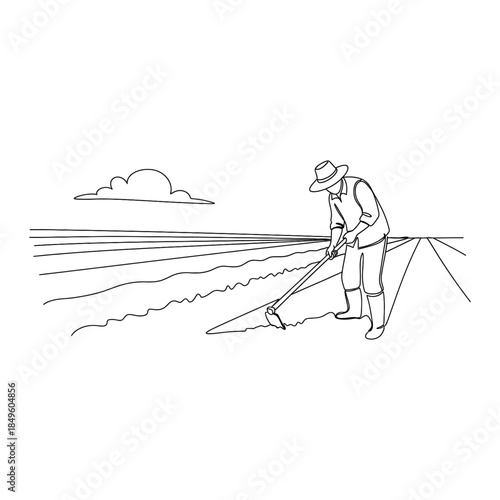 Farmer working in a field with a hoe line art illustration on white background agriculture farming