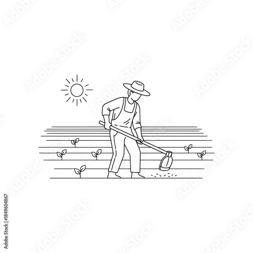 Farmer tending to plants in a field with a hoe line art illustration agriculture farming