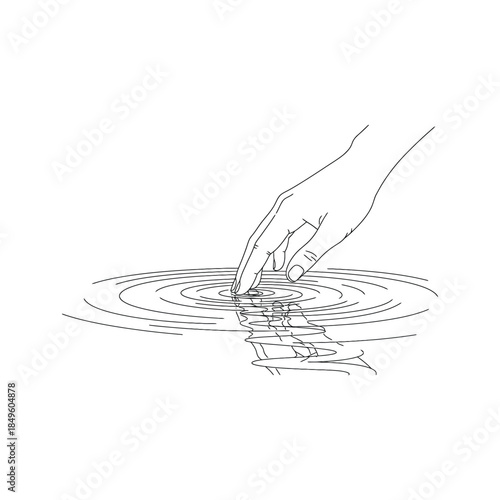 Finger touching water creating ripples and reflection in line art style Keywords: finger, hand