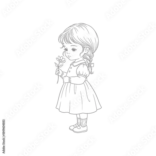 Gentle line art drawing of a little girl holding a flower Keywords: girl, child, kid, holding