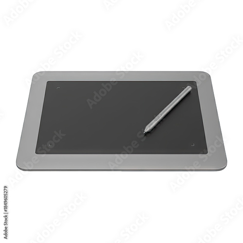 Digital Drawing Tablet with Stylus on Transparent Background Realistic 3D Render Smooth Gray Plastic Surface and Black Screen Area