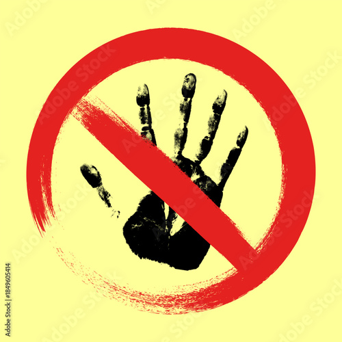 Stop gesture pictogram in red. Black prohibition symbol for informational design, visual communication, and signage materials.