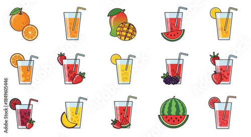 Assortment of vibrant fruit juices in glasses with fresh fruit slices.