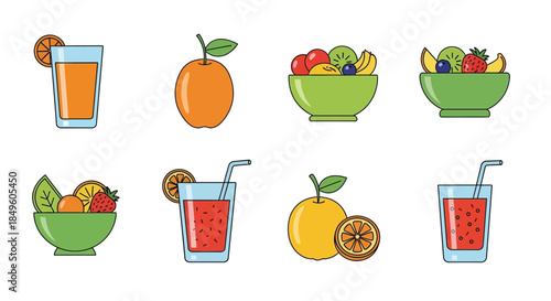 Assortment of Fresh Fruits and Refreshing Juices in a Colorful Flat Design.