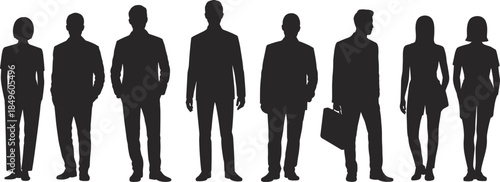 Collection of eight business people silhouettes in formal attire against white background group