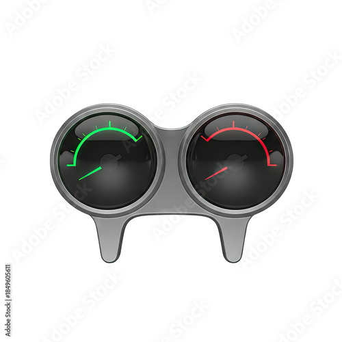 Double Gauge Meter With Red And Green Needles On Black Background