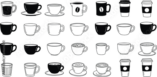 Collection of various coffee cups and mugs in doodle style drink beverage