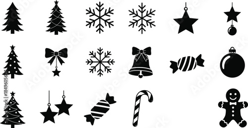Christmas silhouette icons collection, festive tree, snowflake, star, bow, candy cane, gingerbread, ornament, bell, holiday decoration vector set for cards