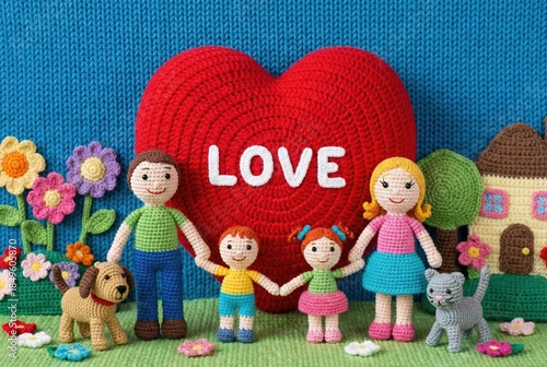 A handmade crochet family stands together in a vibrant garden. They hold hands in front of a large red heart, surrounded by colorful flowers, a house, and playful pets