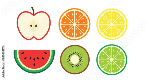 Assortment of Freshly Sliced Fruits on White Background.