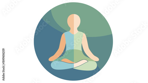 A stylized illustration of a person meditating in a lotus position, depicted with a serene and calm color palette of blues and greens within a circular icon.