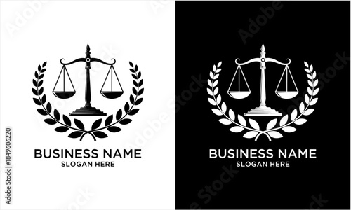 Law firm logo featuring scales of justice and laurel wreath design.